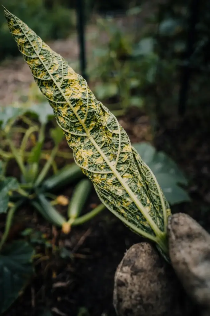 Mottled zucchini leaf with yellow mosaic, held by a worn garden mitt.