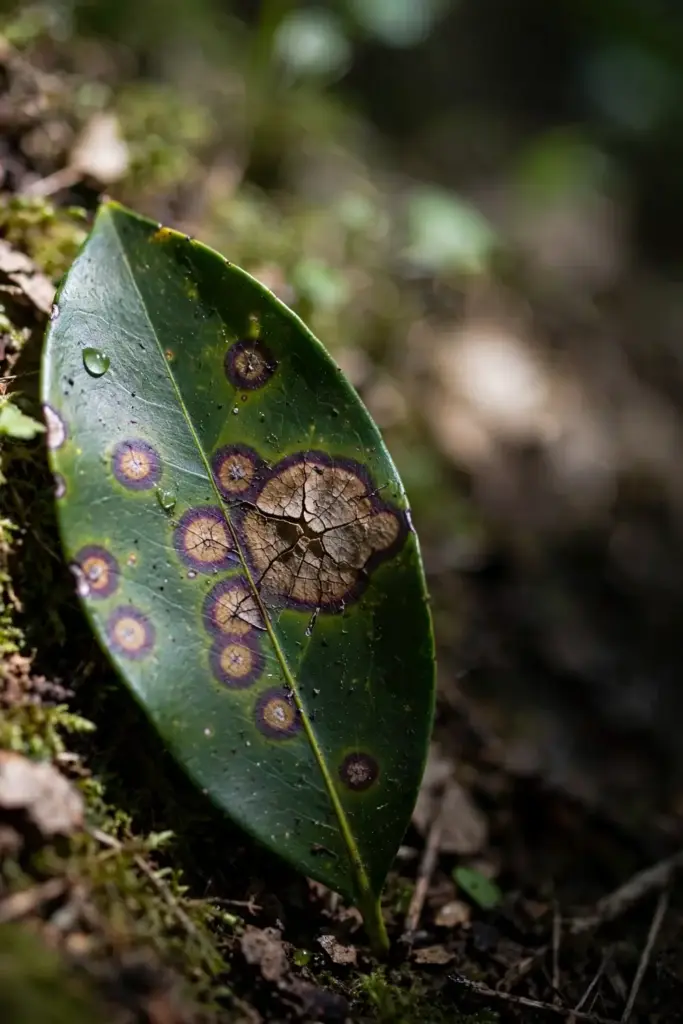 Mountain laurel leaf with purple-brown spots and tan centers from leaf spot.