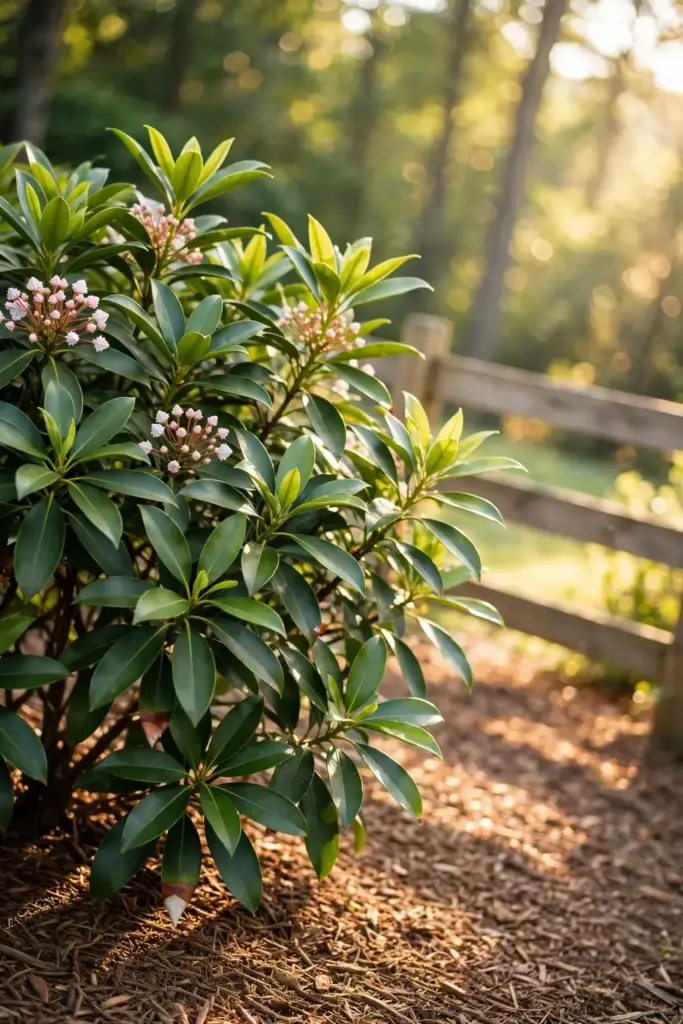 Mountain laurel shrub with glossy leaves growing in a bright sunny site.