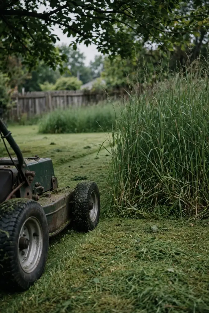 Rotary mower cutting tall Buffalo blades in a shaded lawn strip