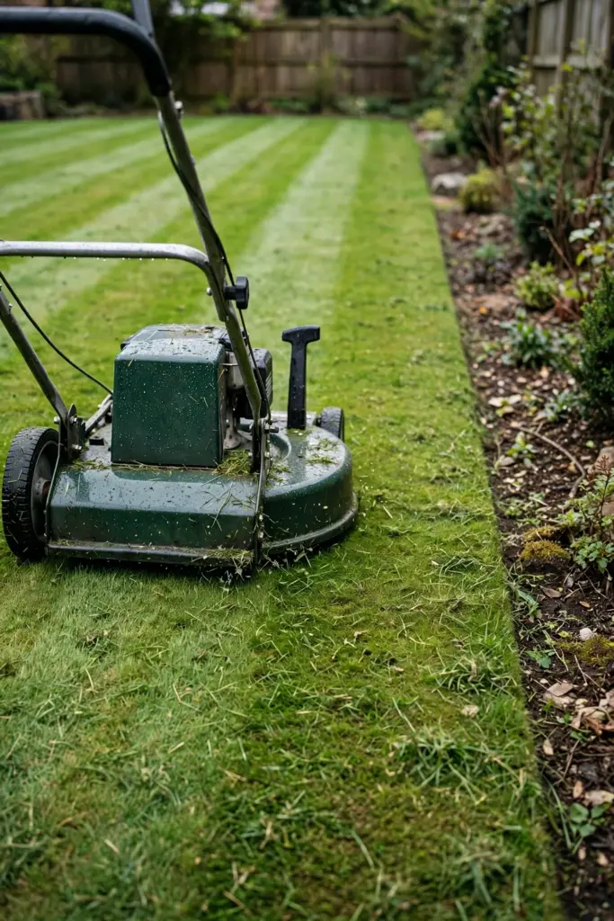 Rotary mower on a freshly striped lawn beside a spade-cut edge