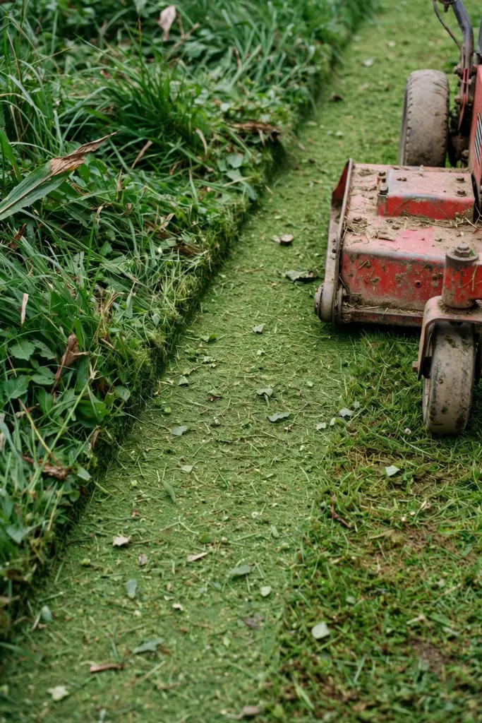 Rotary mower on a buffalo lawn beside a freshly cut strip showing the height difference