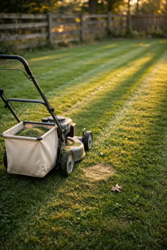 Push mower with a collection bag beside a small straw-colored lawn patch.