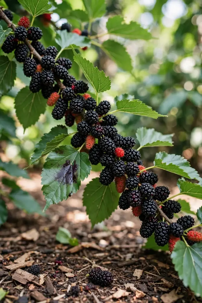 Mulberry branch absolutely laden with ripe dark berries