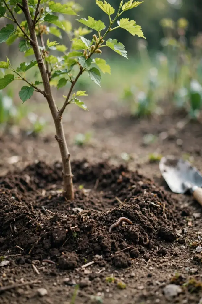 Compost spread around the base of a young mulberry tree in spring