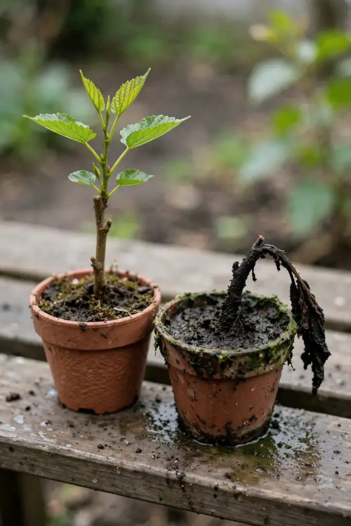 Healthy rooted mulberry cutting beside a rotted failed one