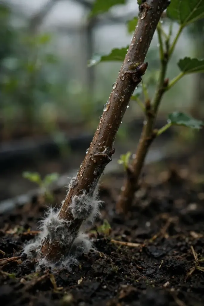 Close-up of mold on a failing mulberry cutting stem