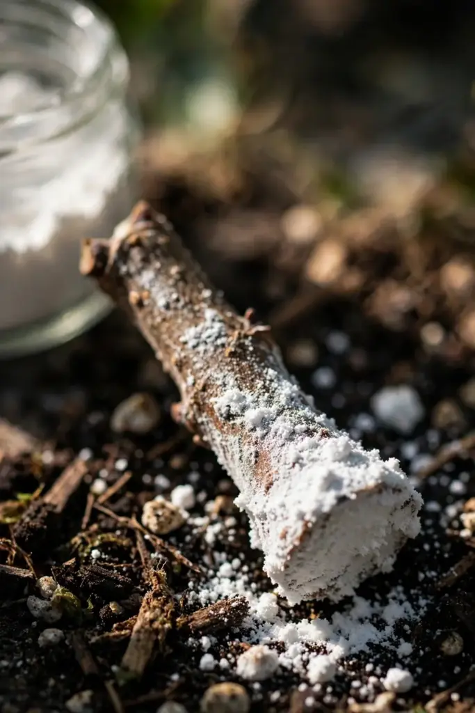 Mulberry cutting base coated in white rooting hormone powder