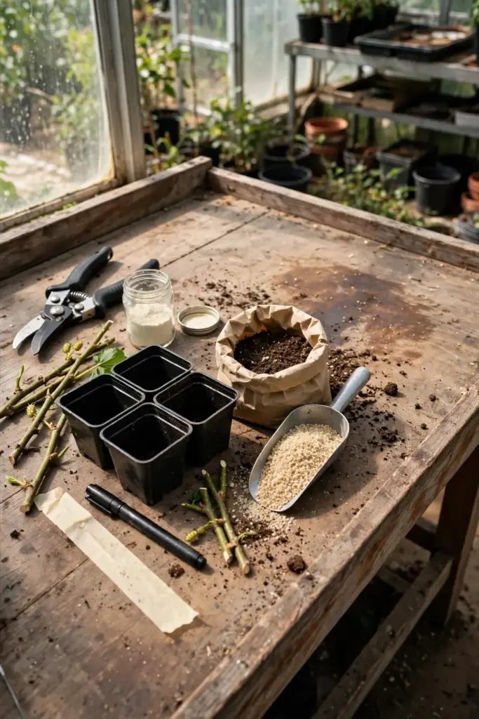 Pruners, rooting hormone, small pots and potting mix arranged for taking cuttings
