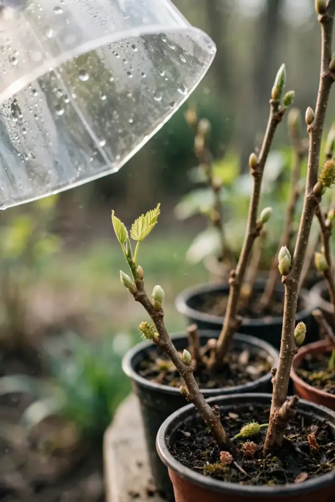 Potted mulberry cuttings with swelling buds and tiny new leaves