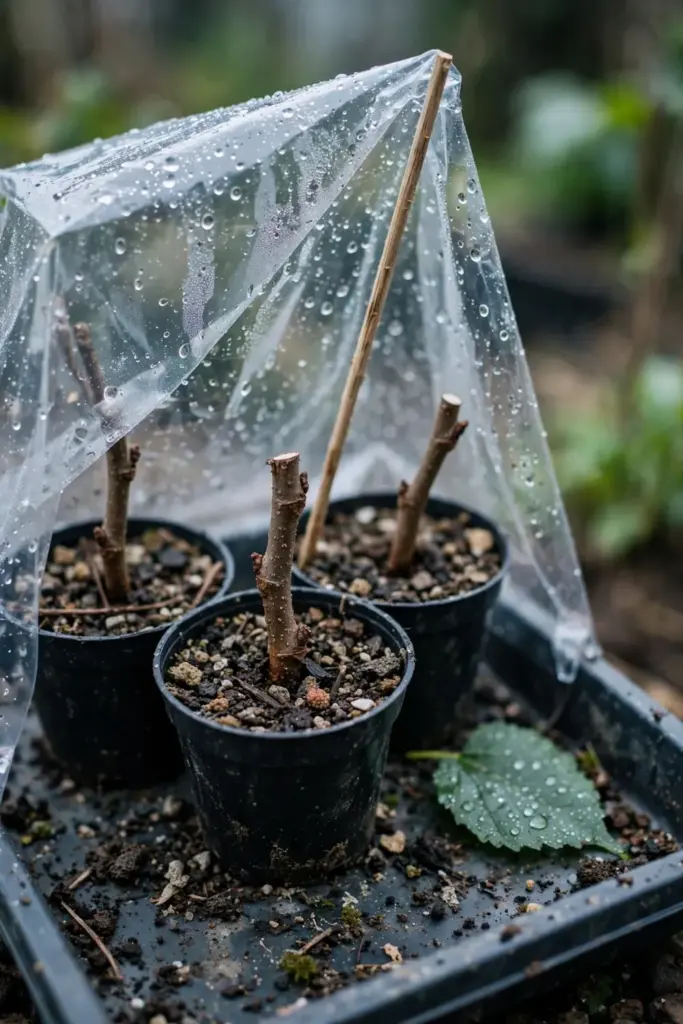 Mulberry cuttings stuck in small pots under a clear humidity cover