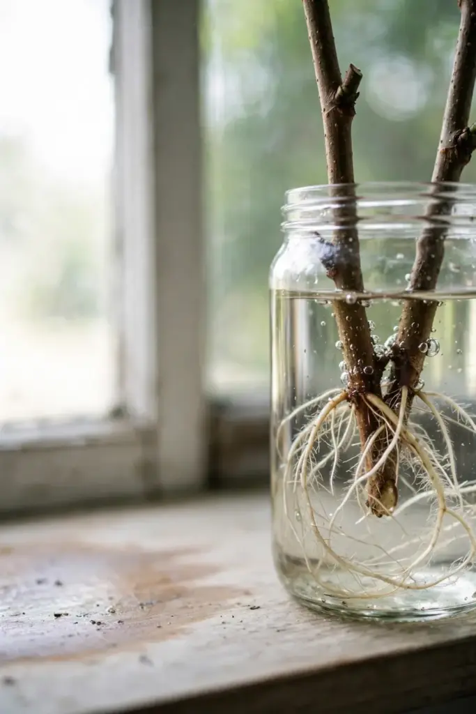 Mulberry cuttings in a glass jar of water with white roots forming