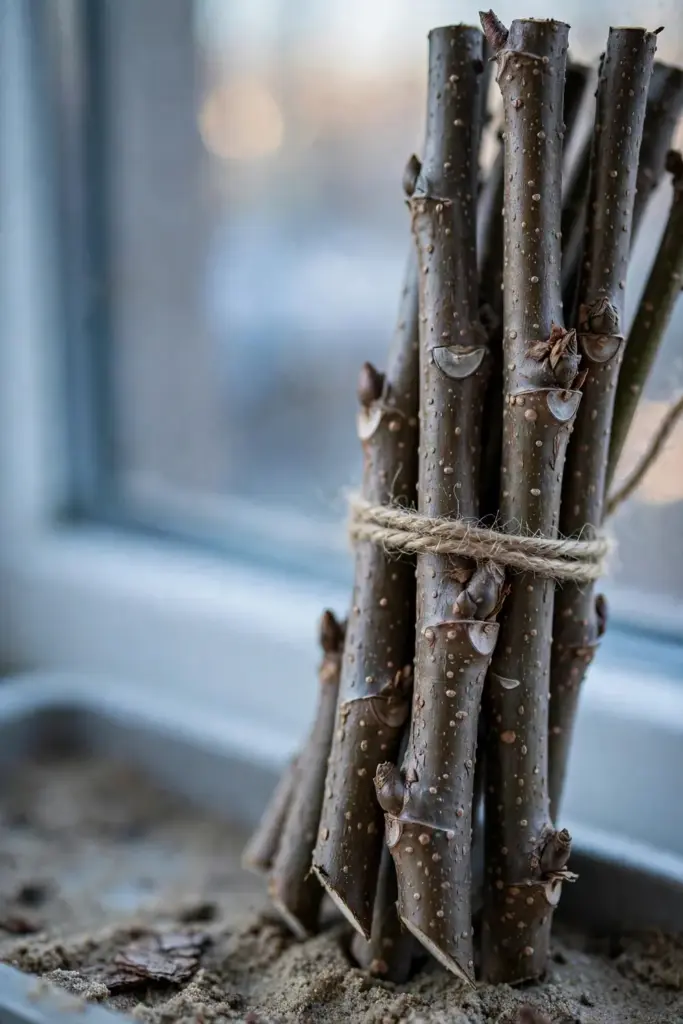 Dormant pencil-thick mulberry hardwood cuttings showing leaf nodes