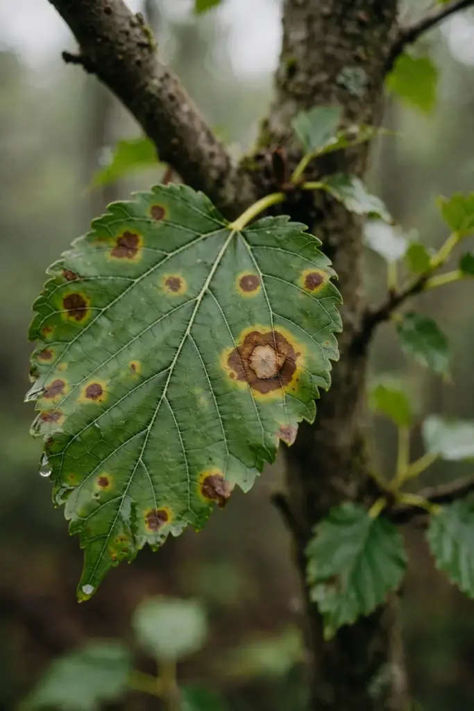 Mulberry leaf with fungal leaf spots, honest symptom close-up
