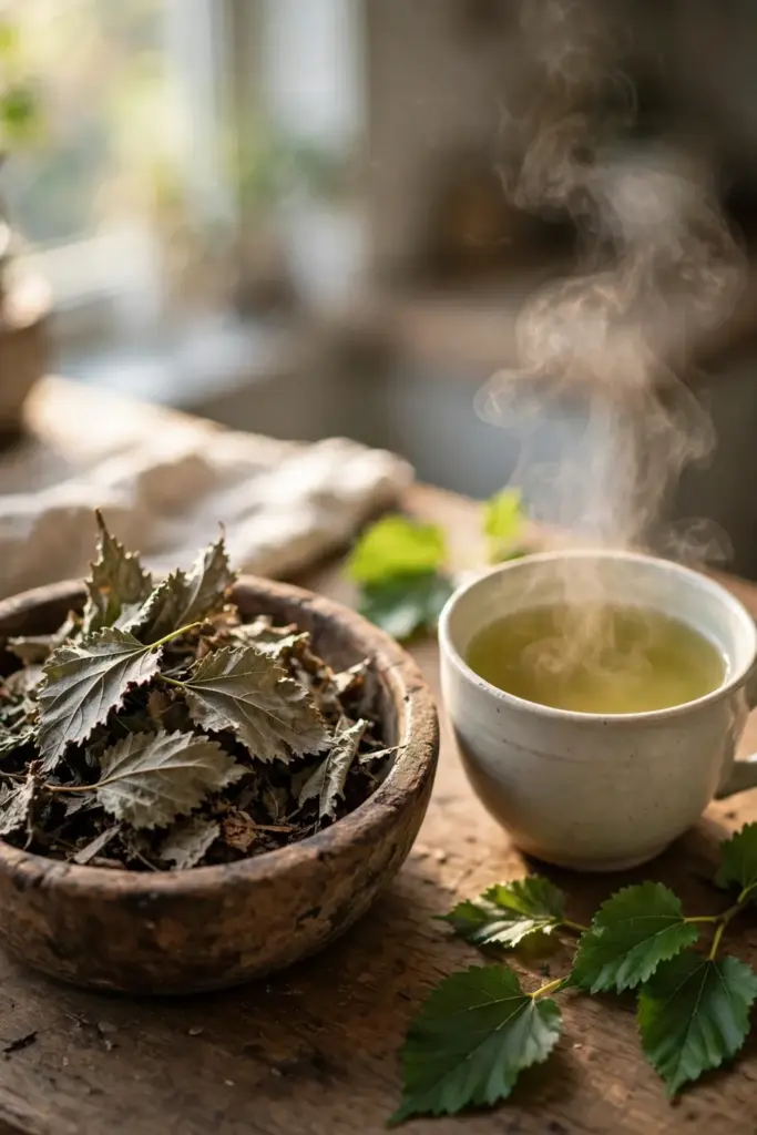 Dried mulberry leaves in a bowl beside a cup of brewed leaf tea