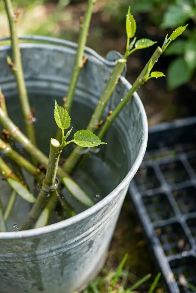 Fresh green mulberry softwood stems with two small leaves at each tip