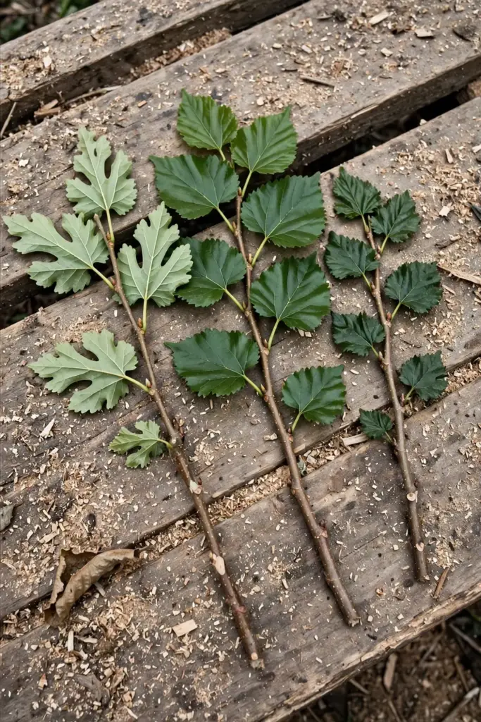 Three mulberry branch cuttings side by side showing different leaf shapes