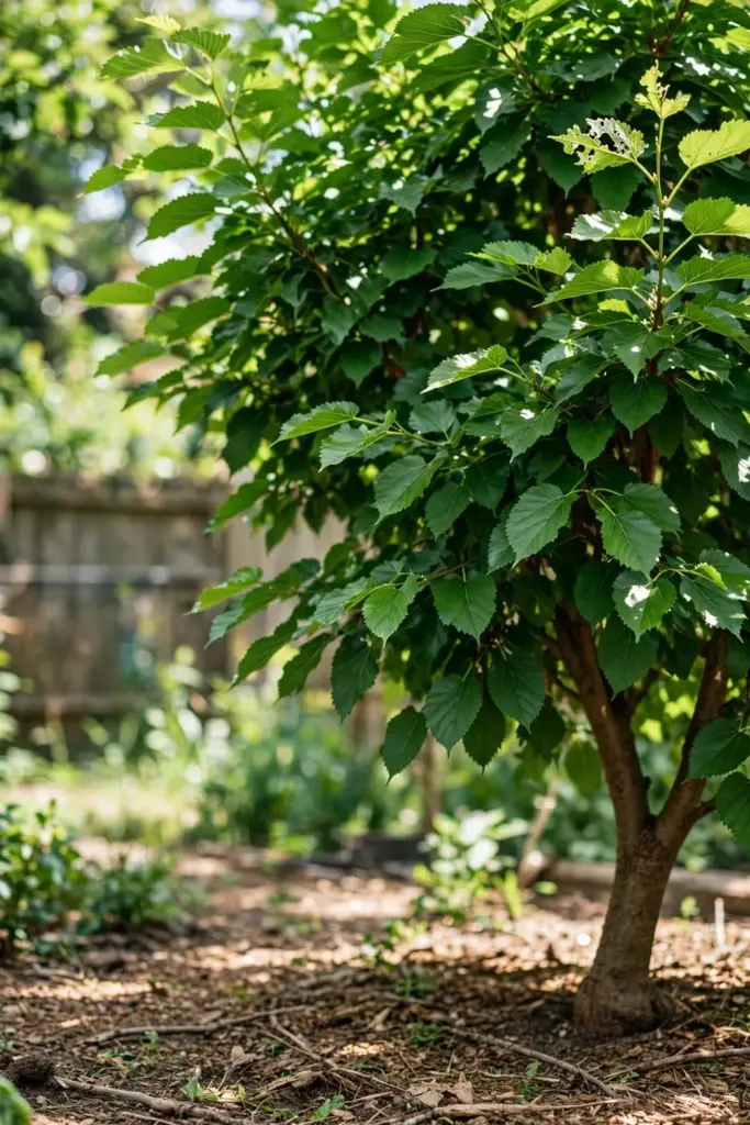 Healthy young mulberry tree with full canopy in a garden
