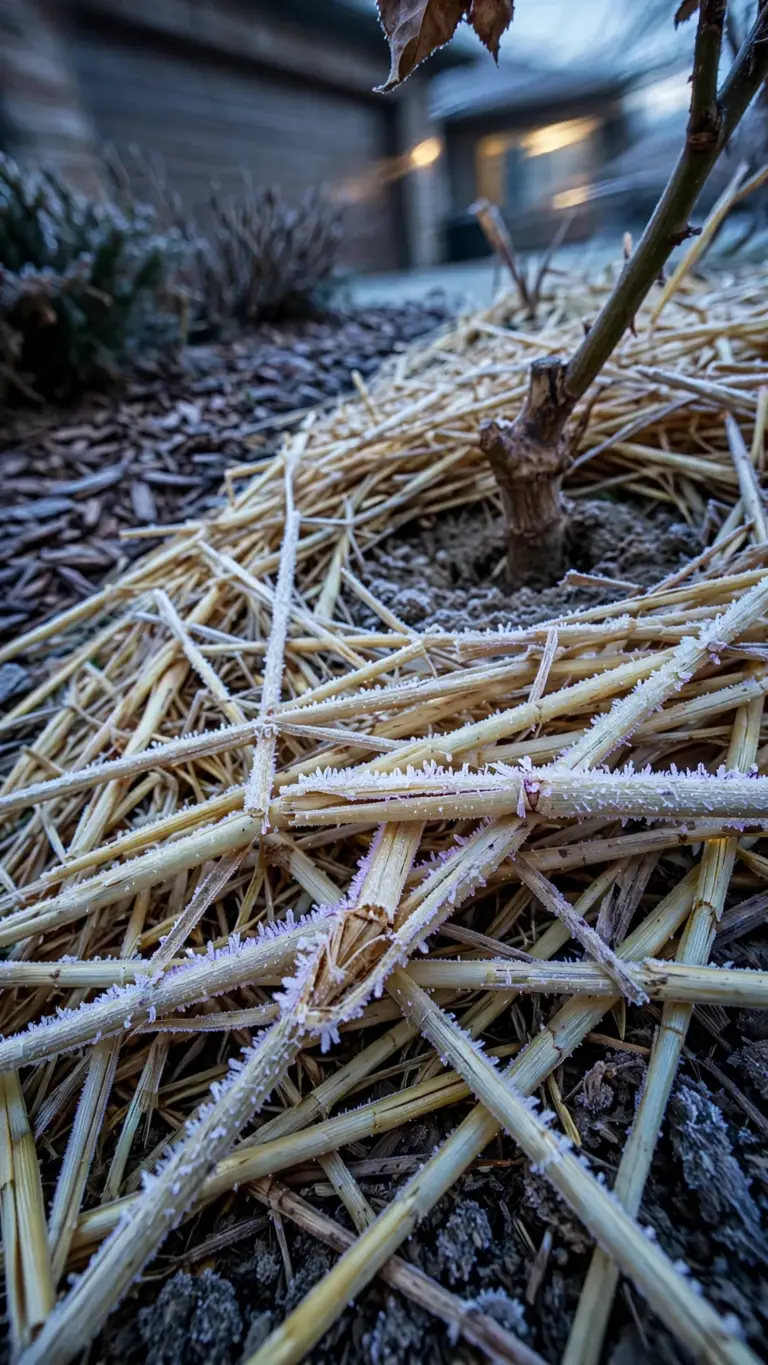 Deep straw mulch over a frozen perennial bed, pulled back from rose stems
