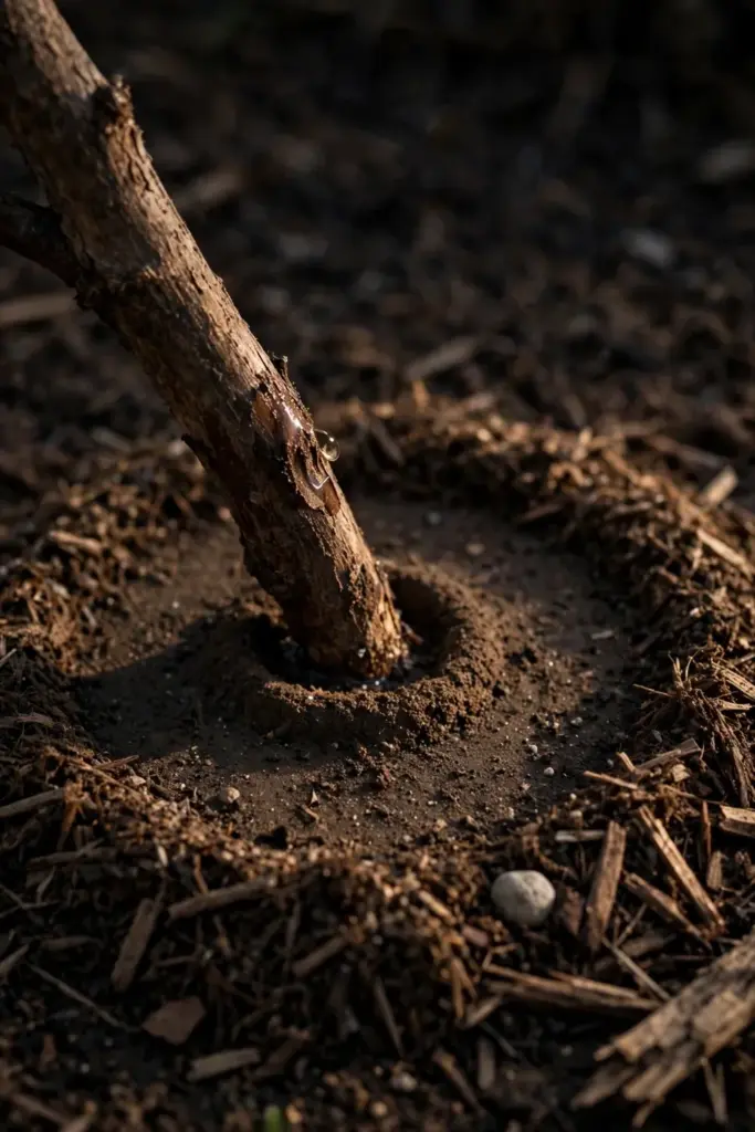 Bare soil collar ringing a perennial stem with mulch pulled back