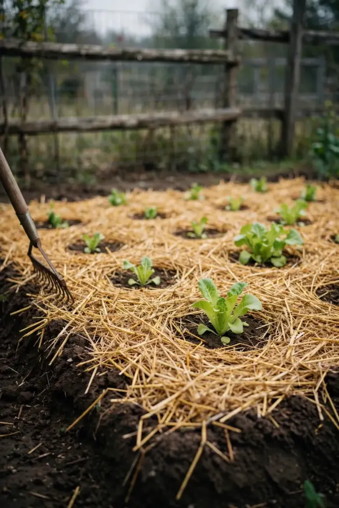 Straw mulch spread thick over a vegetable bed