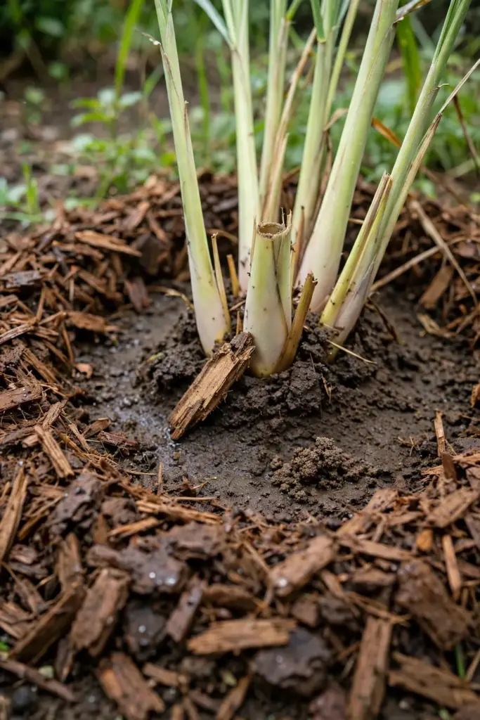 Thick mulch ring around a lemongrass clump with a bare gap at the crown