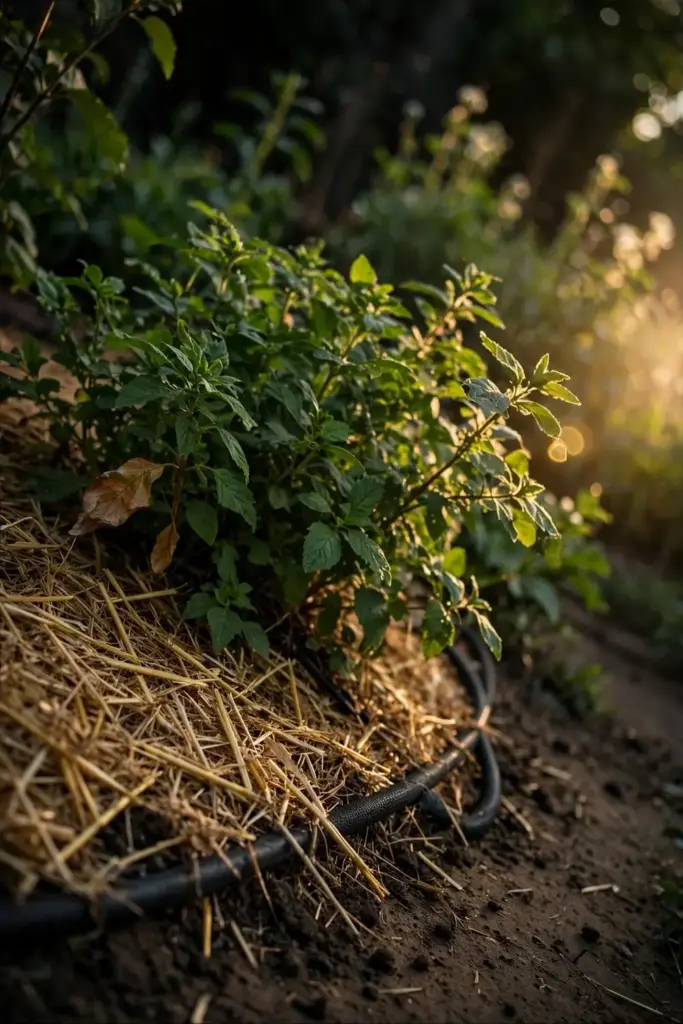 Vigorous plants growing in a straw-mulched bed with a soaker hose.