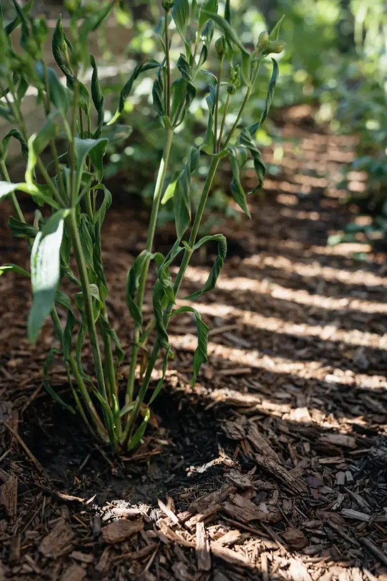 Alstroemeria clump rising from bark mulch with sunlit leaves and shaded soil