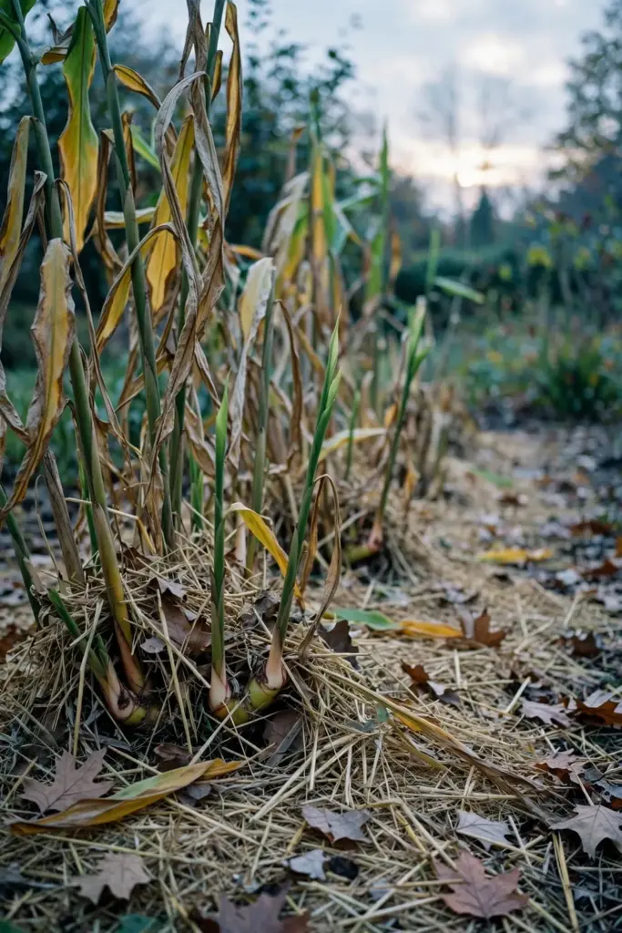 Thickly mulched galangal bed with yellowing foliage in late autumn