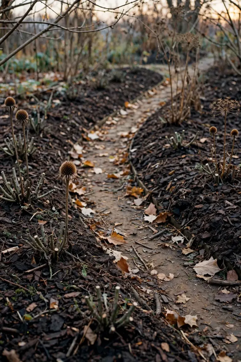 Curved herb beds spread with compost and leaf mould mulch in late fall, seed heads left standing