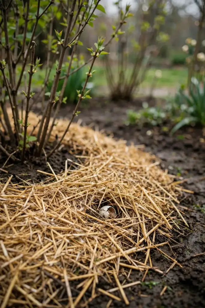 Straw mulch spread over a lilac bed recovering after early leaf drop.
