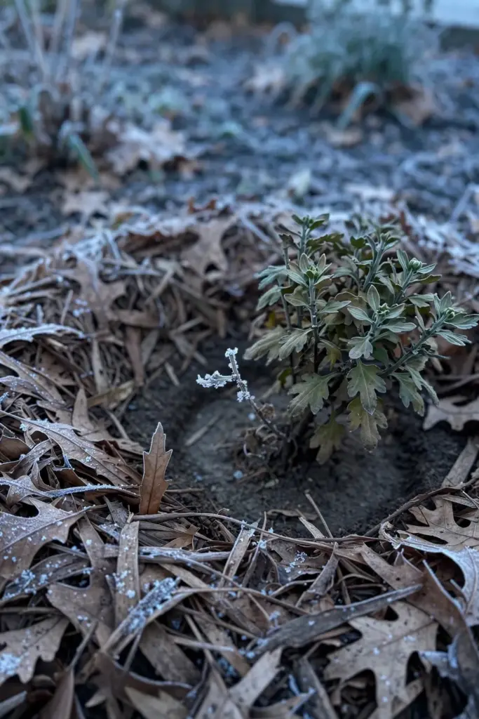 Mum ringed with shredded-leaf mulch after frost, crown kept clear