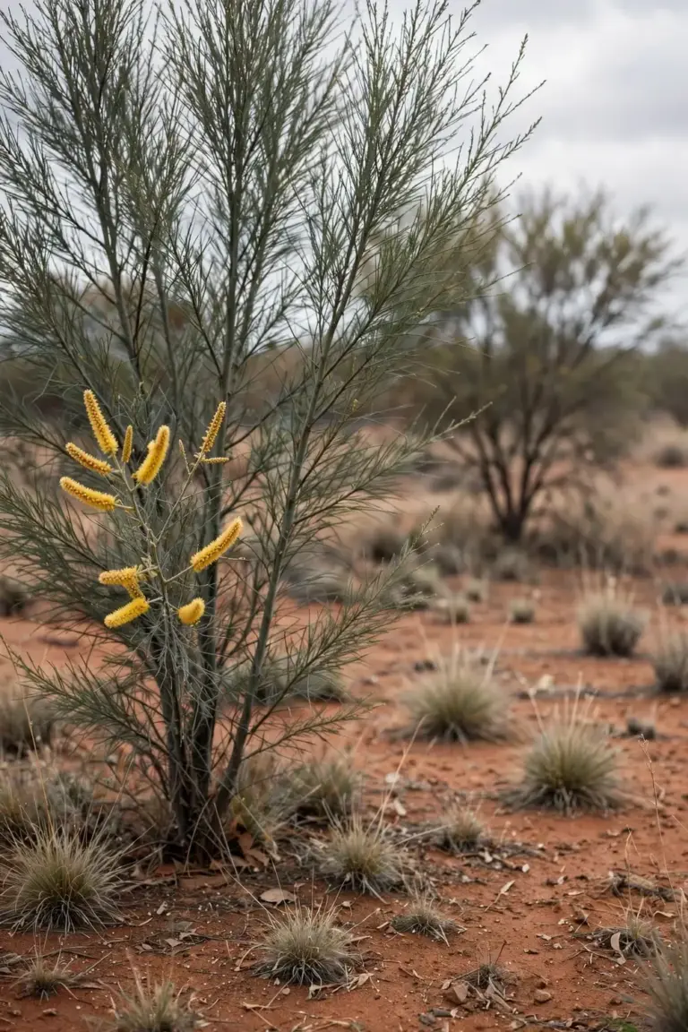 Mulga tree with golden flower spikes in arid red soil