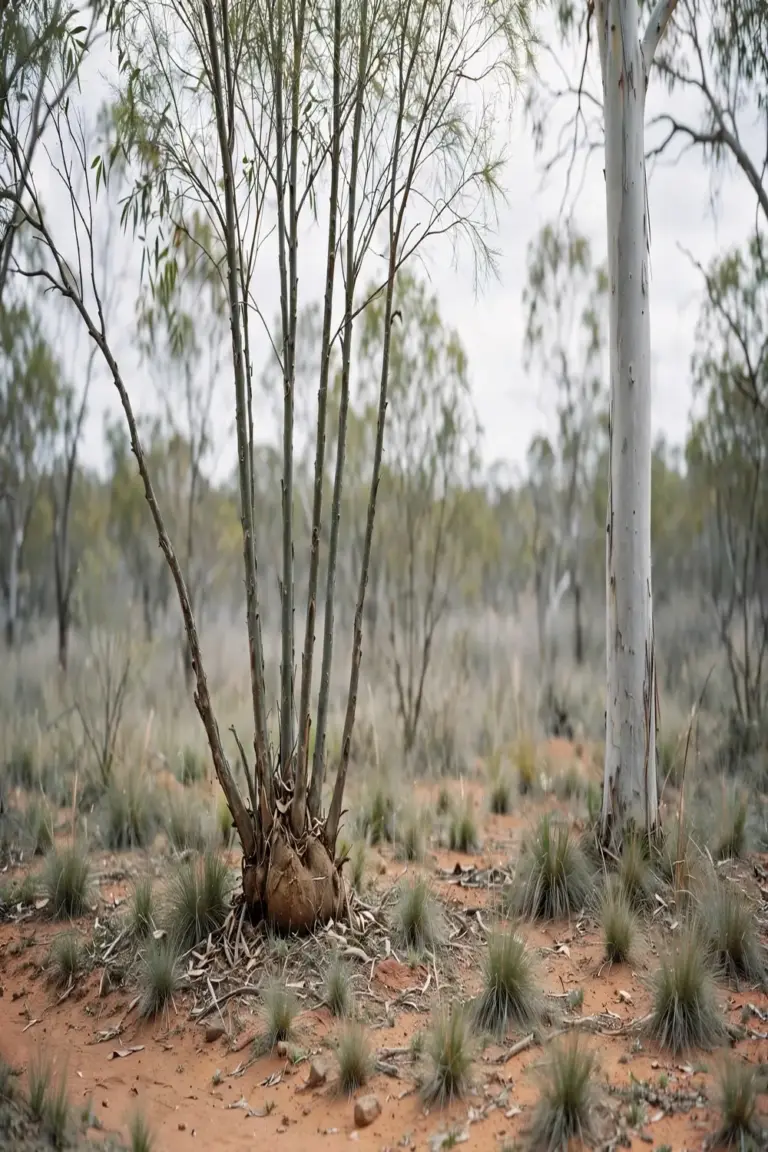 Multi-stemmed mallee clump beside a single-trunk gum tree