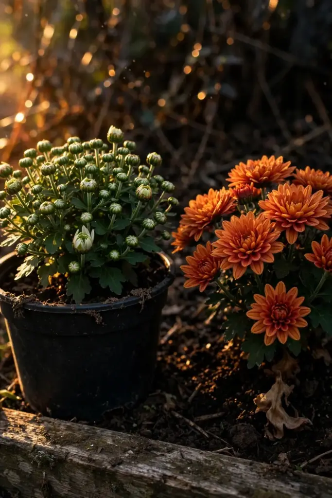 Blooming mum in fall beside a young green mum, the fall-or-spring choice