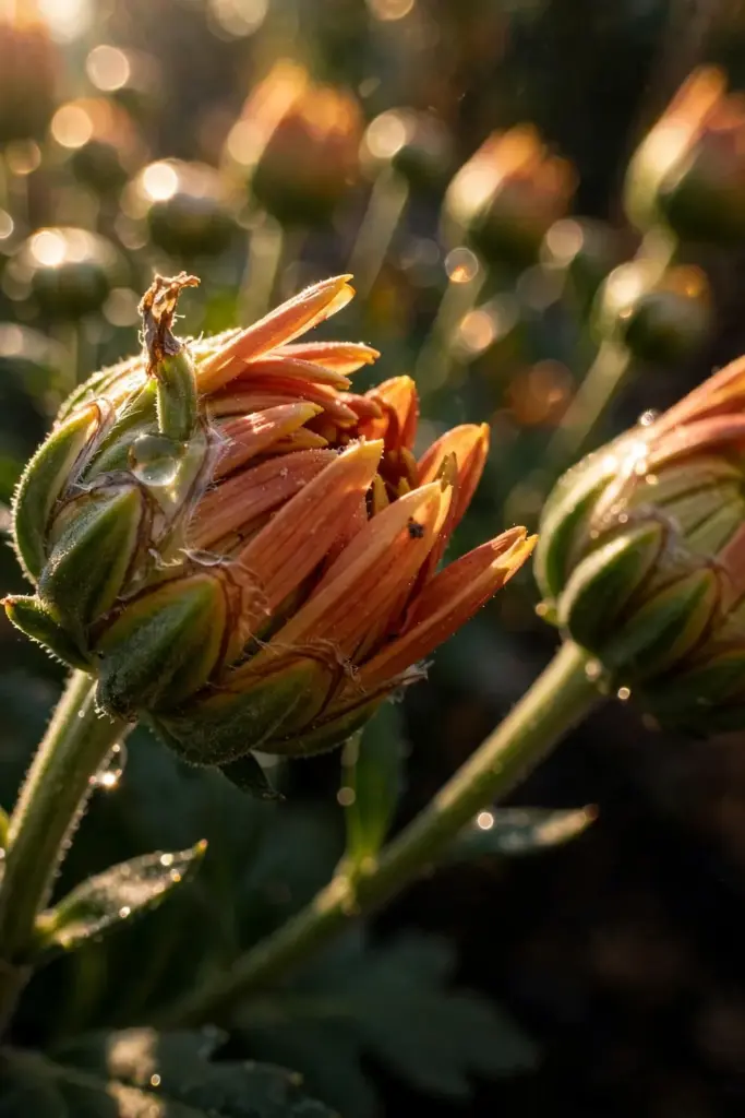 Mum buds cracking open in September, petals just emerging