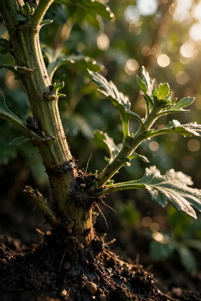 Mum crown set level with the soil surface, stem base close-up