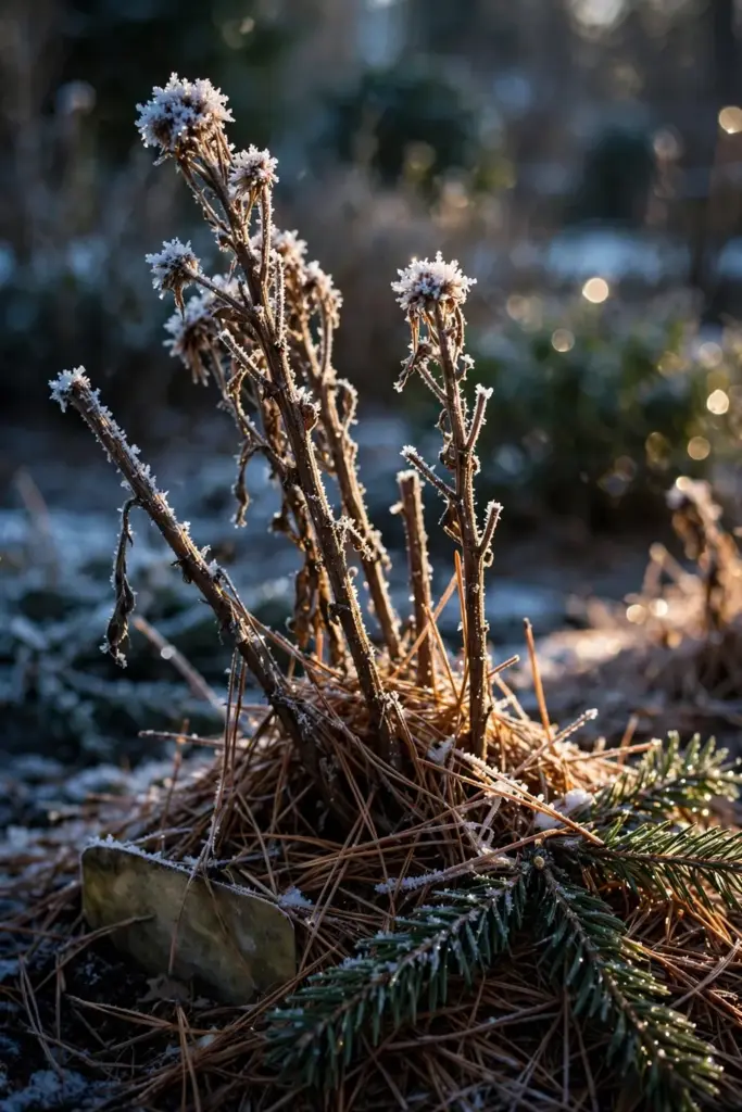 Frost-covered mum stems left standing with mulch