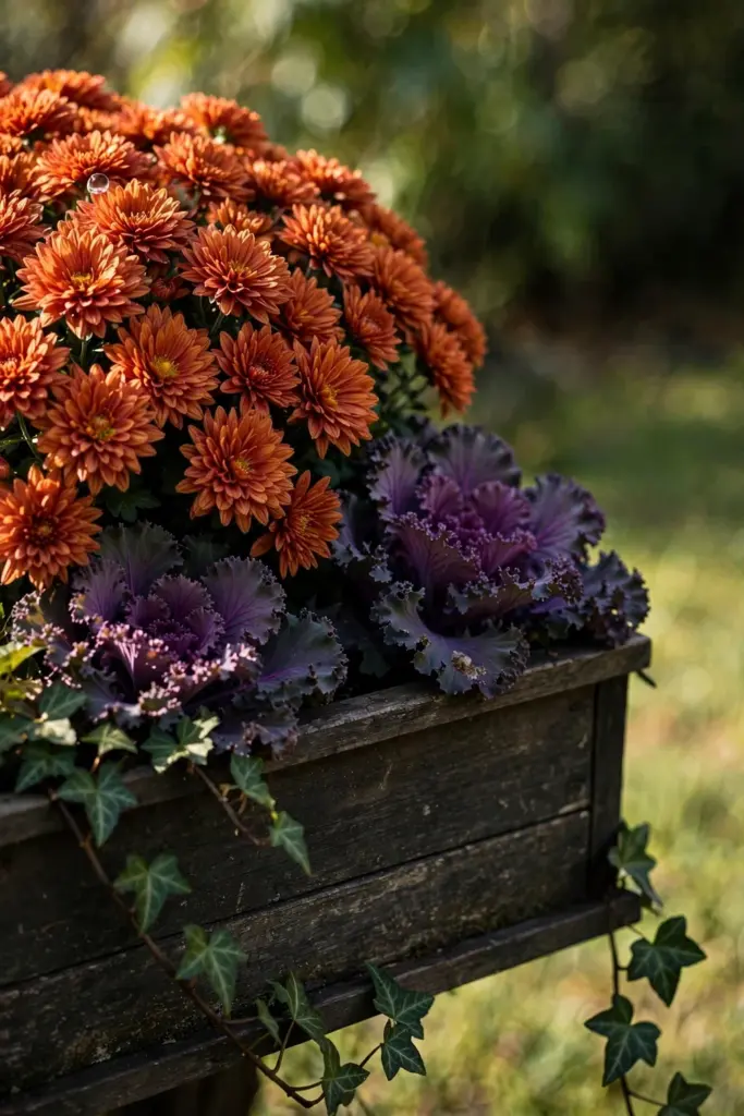 Window box: rust mums, purple kale, ivy spilling over the rim