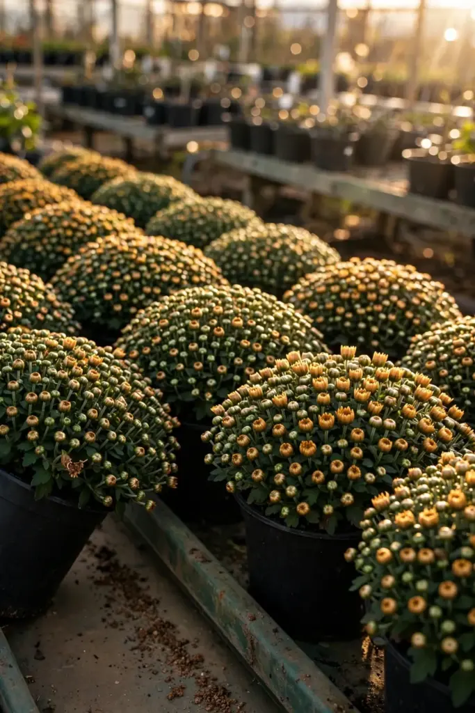 Tight unopened mum buds at a nursery bench
