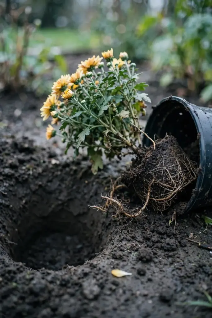Mum slid from a tipped nursery pot beside a freshly dug planting hole