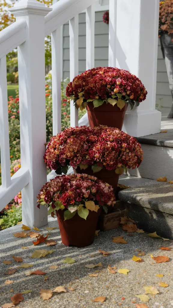 Three pots of bronze mums stacked in a stair-step tower beside porch steps