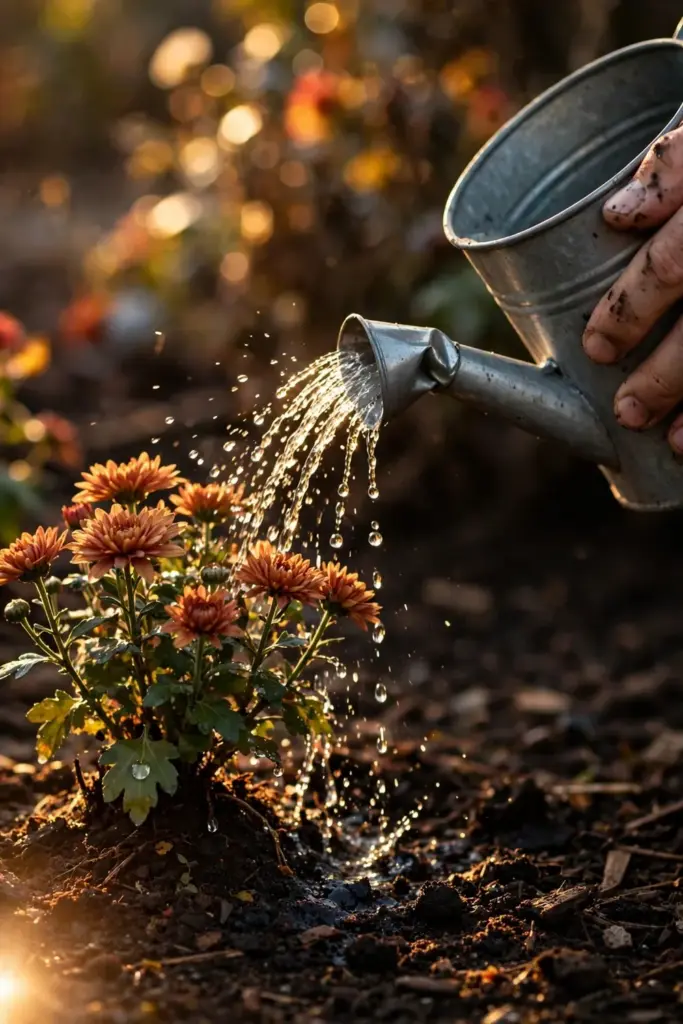 Hand watering mum root zone with a watering can