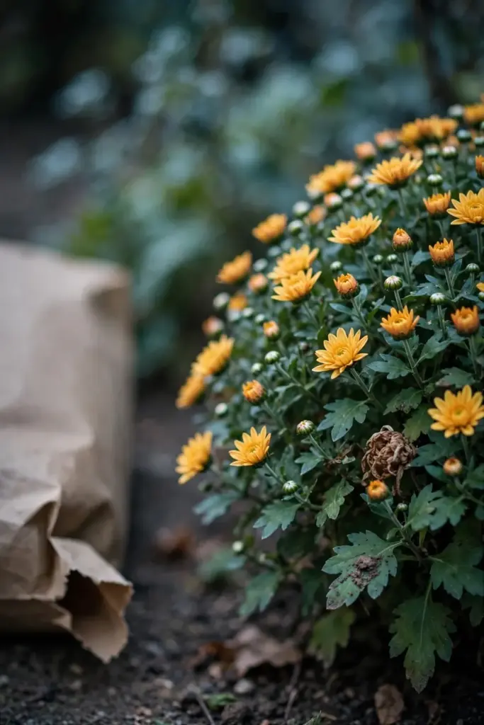Fall mum in the garden with a fertilizer bag pushed to the blurred edge
