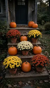 Porch steps layered with blooming mums and whole pumpkins in orange, gold, and white