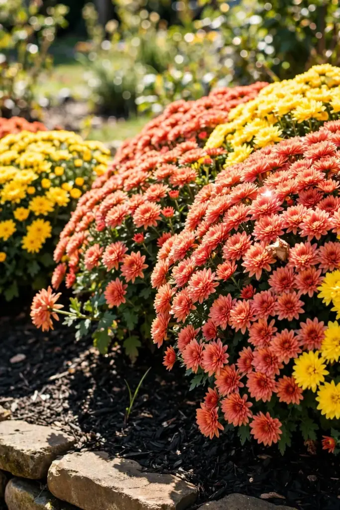Garden mums blooming in full sun border