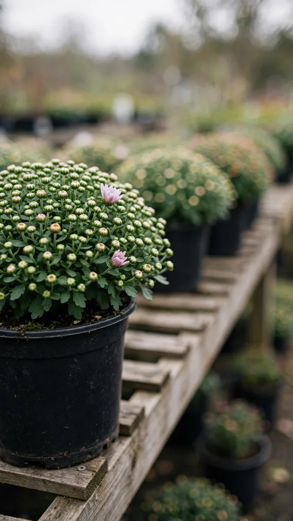 A potted garden mum with most buds still closed at a nursery bench