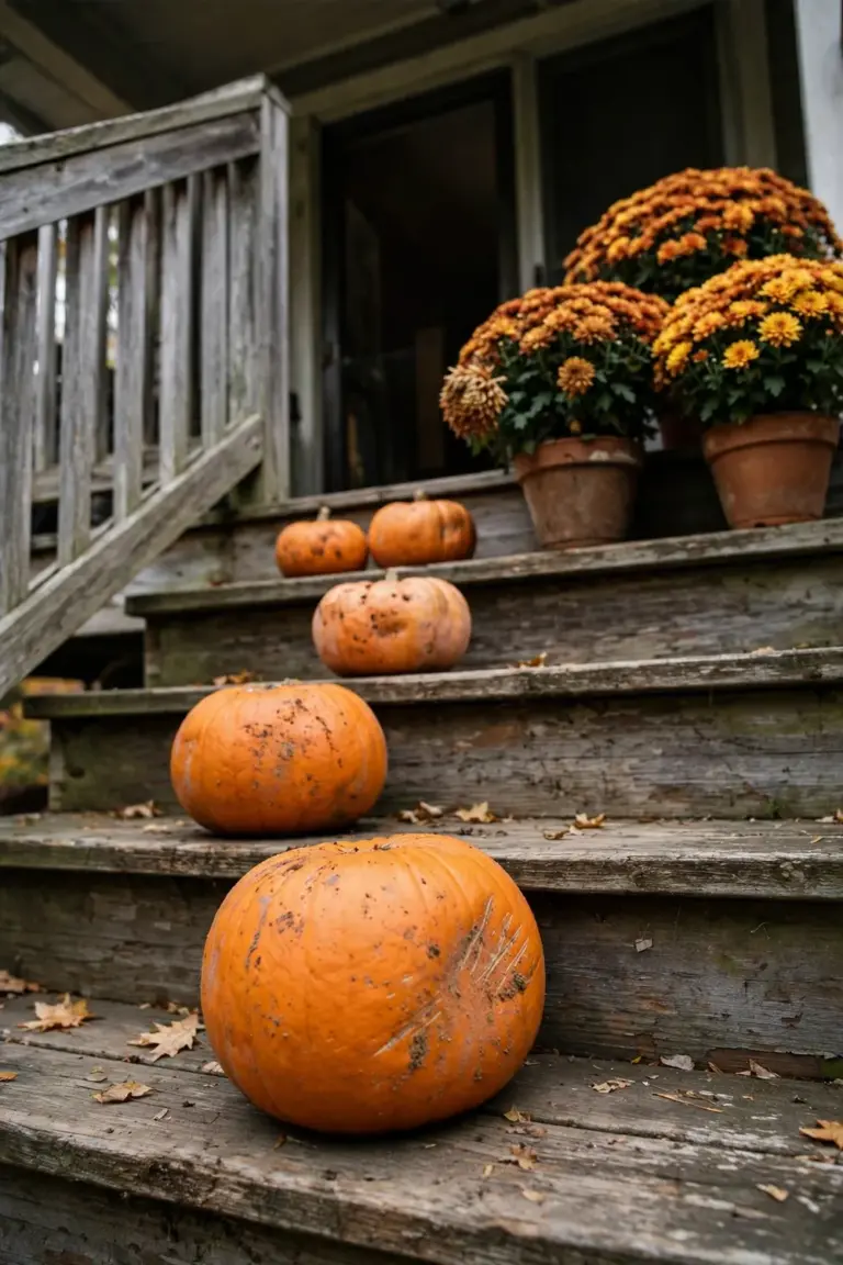 Three potted mums on the top porch step with five mixed pumpkins stepping down below