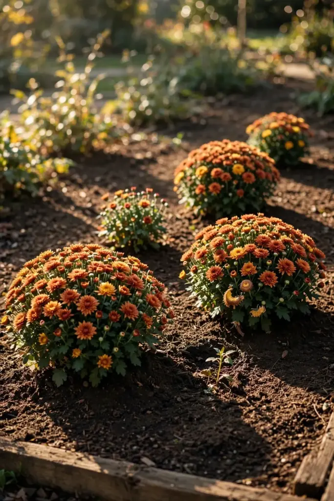 Row of mums with wide airy spacing between plants