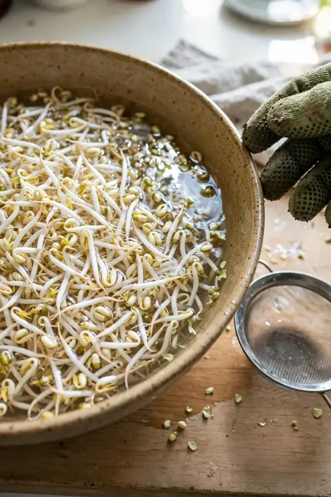 Bowl of freshly harvested mung bean sprouts with hulls floating in water